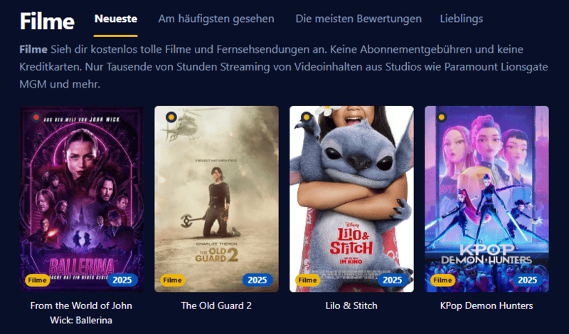 Bildschirmaufnahme der Oberfläche von Einschalten die eine zeitgemäße Streaming Plattform mit Filmen und Serien präsentiert